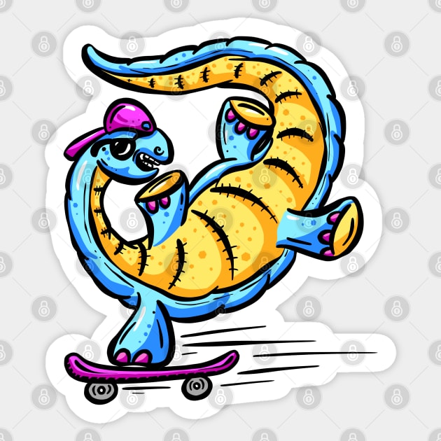 Skateboarding Diplodocus Dinosaur Cartoon Character Logo Mascot Sticker by Squeeb Creative